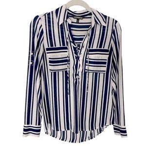 Express Portofino Blue and White striped shirt with tie front. Size XS